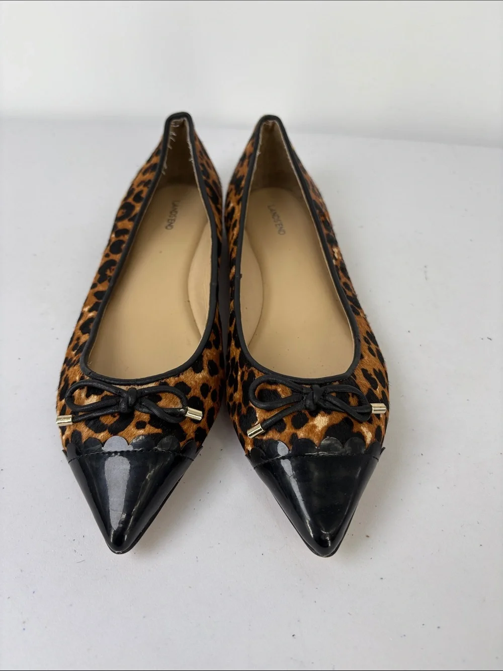 👞 Lands' End fur leather Leopard Print Pointed Toe Flats with Black Patent Cap